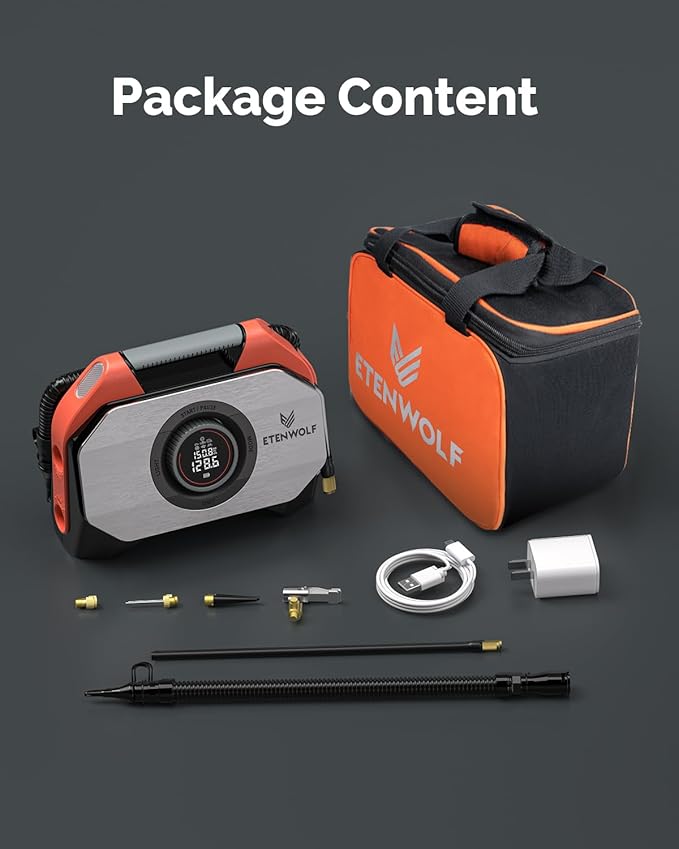 ETENWOLF VORTEX S6 Tire Inflator Portable Air Compressor for Heavy-duty Vehicle, Cordless Air Pump for Car & Inflatables with 19200 mAh Battery, 100% Duty Cycle & Dual Cylinder Bike Pump, Vivid Orange