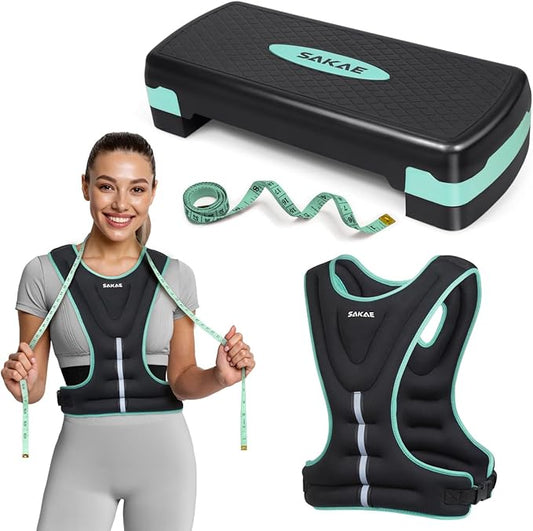 Adjustable Height Aerobic Stepper Set, Multiple Bundle Options with Dumbbells, Kettlebell, Waist Trimmer, Ankle Weights or Weighted Vest, Workout Exercise Step Platform w/Level Risers, 4 Colors