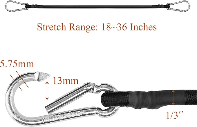 ZHOUBIN 18 Inch Black Bungee Cords with Carabiner Hooks, 2Pcs
