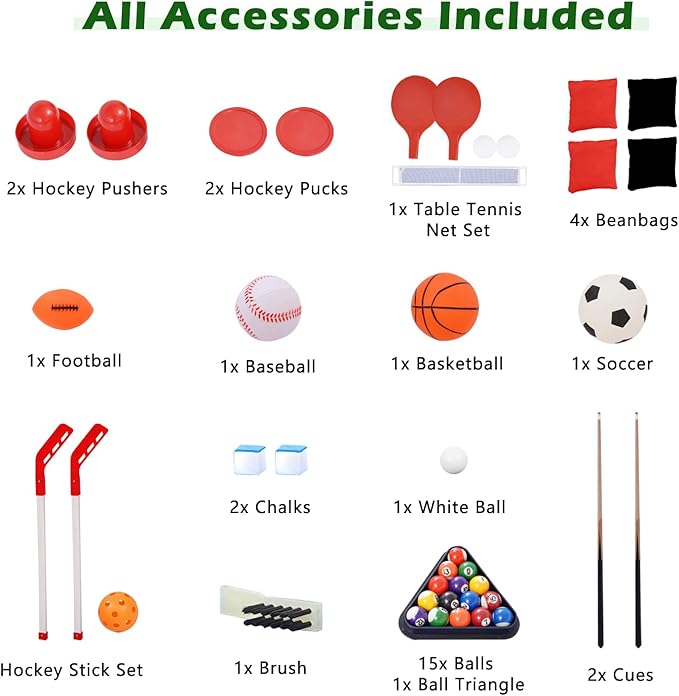 48" Multi Game Table, 9 in 1 Combo Game Table, Arcade Combination Game Table Set w/Billiards, Ping Pong, Hockey, Basketball, Bean Bag and Foosball for Adult, Kids, Home,Game Room