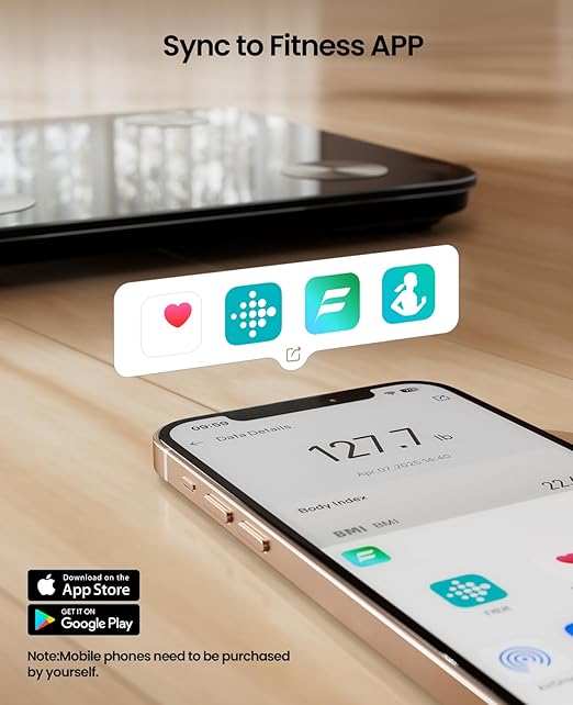 Scale for Body Weight, Digital Smart Bathroom Weight Scale with BMI, Body Fat, Muscle Mass, Accurate 20 Body Composition Scale, 10.2" Compact Platform with APP, 400lb, Black