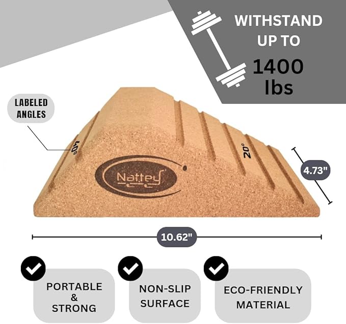 2025 NEW LARGER and Improved quality ECO-Friendly HIGHEST DENSITY Cork Squat Wedge Block Heel Calf Raise Platform NON-SLIP Slant Board Ramp Fitness Workouts Yoga Weightlifting exercise BAND 3 PIECES