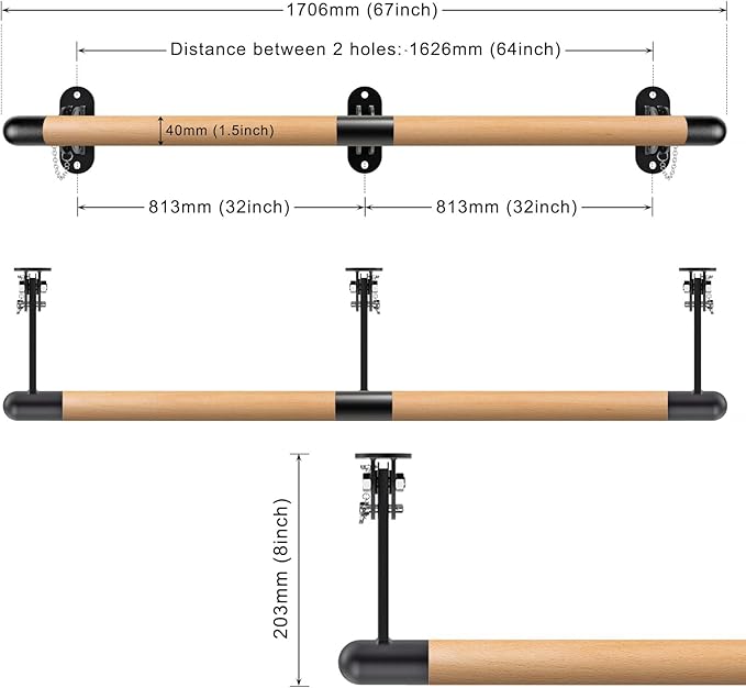 BeneLabel Wall Mount Ballet Barre Solid Wood Dance Bar with Height Adjustable Metal Brackets for Dance Training