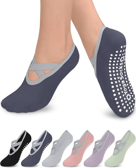 6 Pairs Grip Pilates Socks for Women, Non-slip Yoga Athletic Socks for Barre Ballet Barefoot Workout Hospital