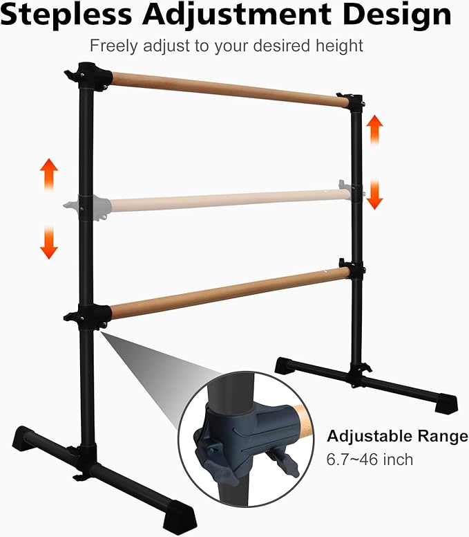 4FT/6FT Freestanding Ballet Barre Wood/Steel Height Adjustable from 7 to 46 inch Ballet Bar Portable Double Dance Bar for Home Workout and Stretch