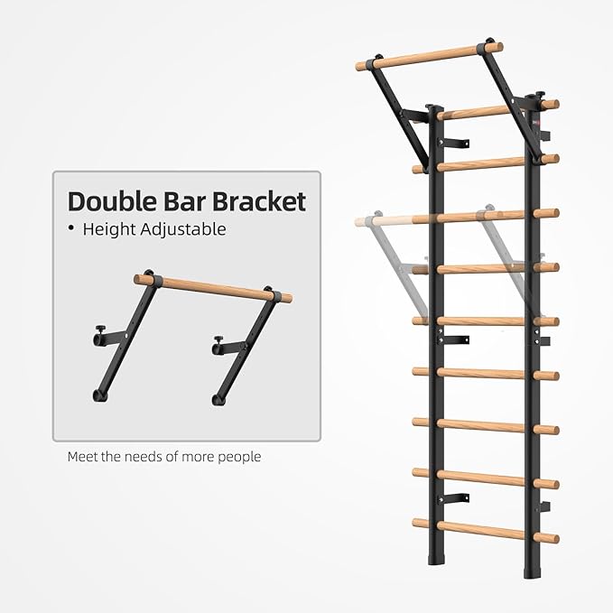 DHT Wood Stall Bar, Swedish Ladder Suspension Trainer with 9 Strategic Rods, for Home, Gym, School and Clinics, Black