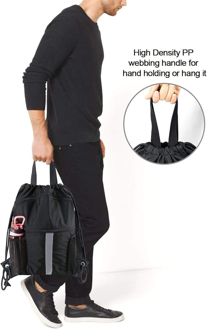 BeeGreen Drawstring Backpack Bag with Shoe Compartment, X-Large Black Gym Sports String Cinch Backpack