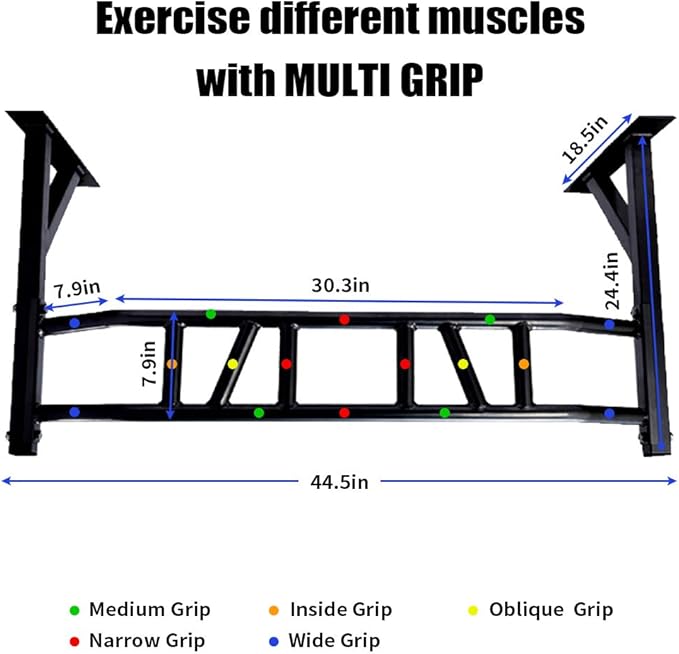 ptlsy Wall Mounted Pull Up Bar Multifunctional with Multi-Grip Chin Up Bar Heavy Duty Dip Station for Home Gym Indoor Workout, Fitness Equipment, Dip Stand Supports to 440 Lbs