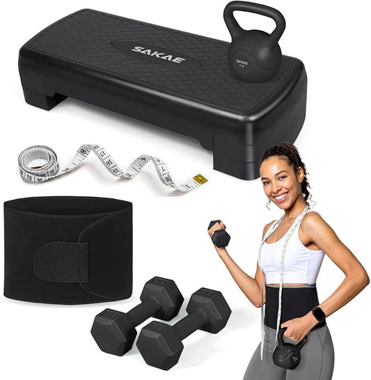 Adjustable Height Aerobic Stepper Set, Multiple Bundle Options with Dumbbells, Kettlebell, Waist Trimmer, Ankle Weights or Weighted Vest, Workout Exercise Step Platform w/Level Risers, 4 Colors