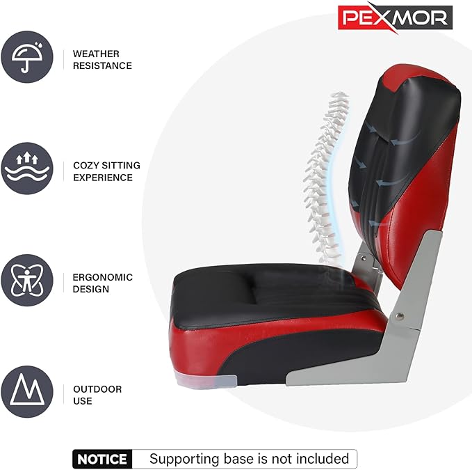 PEXMOR Boat Seats Low/High Back, Folding Boat Seat Included, Fold-Down Fishing Boat Seats Waterproof Captain Boat Seat w/Aluminum Hinges & Thick Soft Cushion, 2 Packs (Low Back-Red & Black)