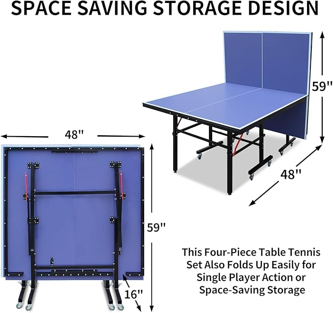8ft Mid-Size Table Tennis Table Foldable & Portable Ping Pong Table Set for Indoor Games with Net, 2 Table Tennis Paddles and 3 Balls