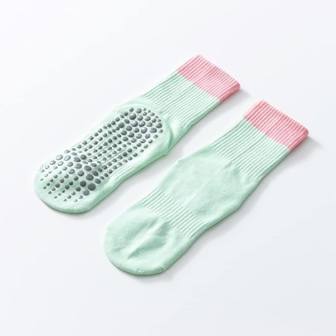 Yoga Pilates Socks with Grips for Women Non Slip Color Blocking Cushioned Crew Socks for Barre Ballet Dance