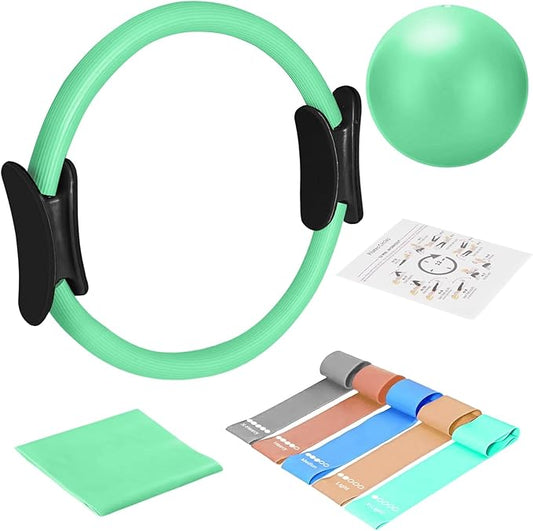 TOPZGLEEY Pilates Ring Set – 14" Anti-Deformation Magic Circle with Padded Handles, Mini Ball, 5 Resistance Bands, Guide, Pilates Equipment for Home Workout