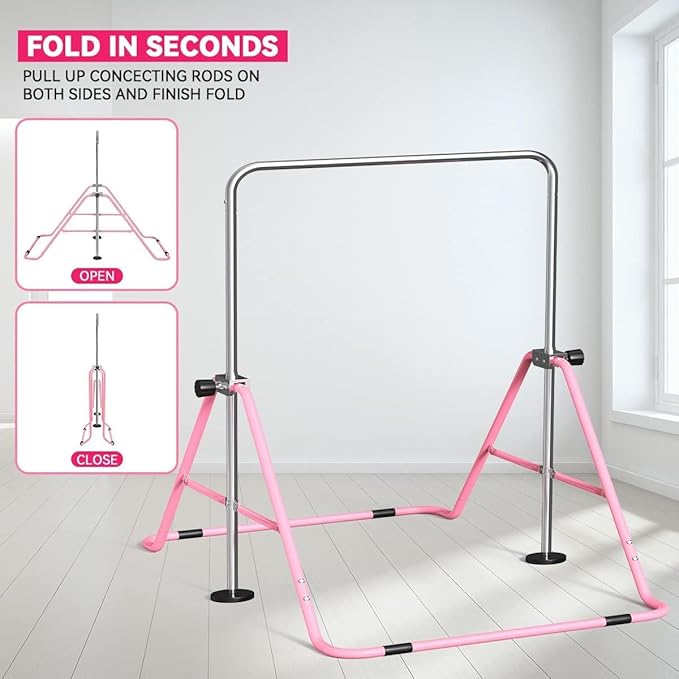 FBSPORT Gymnastics Bar for Kids, Adjustable Height Gymnastic Horizontal Bars,Junior Training Bar Children Folding Training Monkey Bars for Home Using