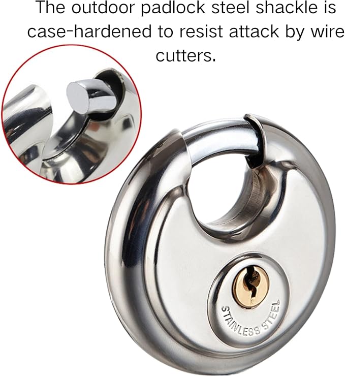 70MM Discus Padlock with Same 3 Brass Keys,304 Stainless Steel Disc Lock with Brass Gallows to Prevent Rusting,Thick Sturdy Hook to Prevent Picking.2 Pack-XZJYYF