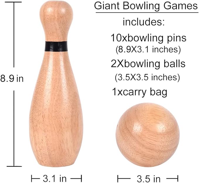 NI-ROU Outdoor Giant Lawn Bowling Games Rubber Wooden Lawn Set Fun Sports Games Outside or Indoor for Family Adults and Kids Backyard Skittles Carrying Bag with 10 Pins and 2 Balls