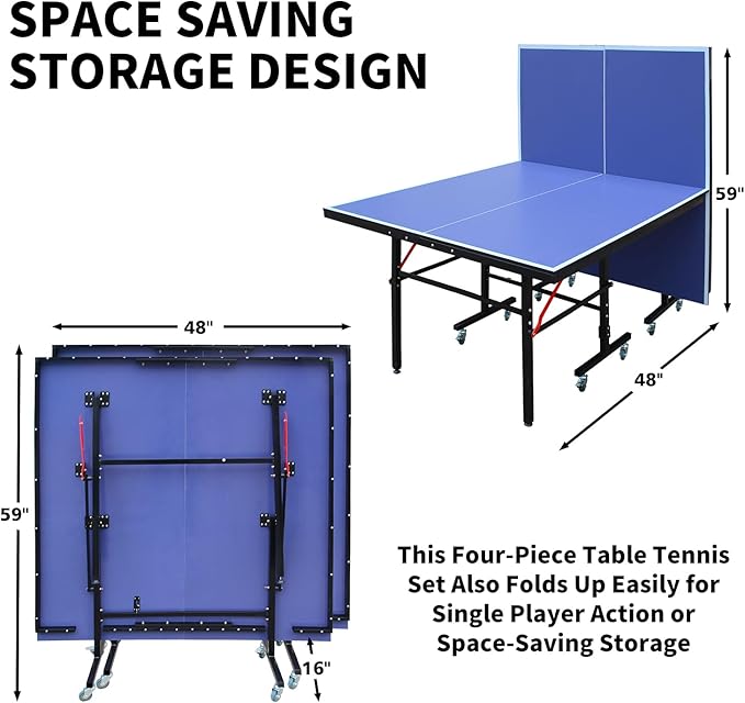 Professional Table Tennis Table, Foldable Ping Pong Game Set for Indoor, 8FT 9FT Single Player Playback Mode Ping Pong Table with Net and Post Set, 2 Paddles and 3 Balls