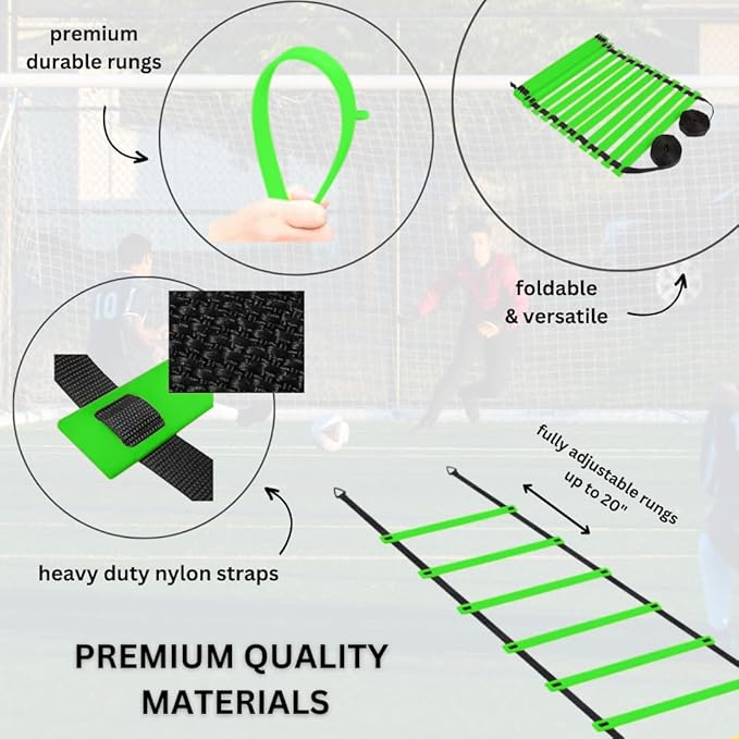 DELUXE EDITION Agility Ladder Training Set - 13 Rung 21ft Agility Ladder w/13 Disc Cones, Carry Bag - Improve Speed & Strength Soccer, Football, Basketball w/4 Steel Pegs for Outdoor Workout Charts