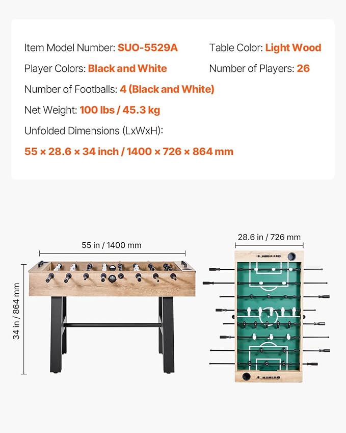 VEVOR Foosball Table, 55-inch Standard Size Table, Indoor Full-Size Foosball Tables with 4 Balls and 26 Players, Includes Durable Soccer Set, Score Keeper & Cup Holders, for Home, Family, Game Room
