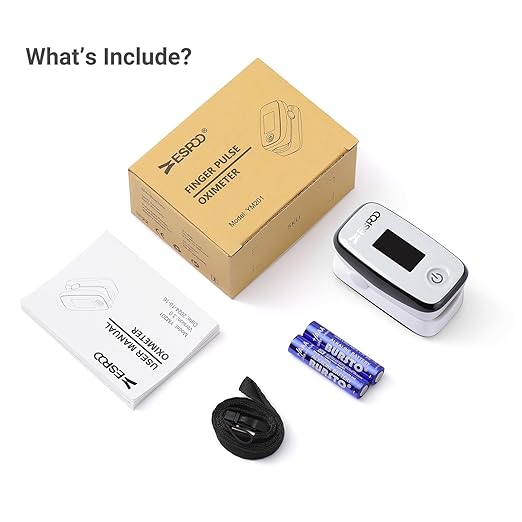 ESPOO Pulse Oximeter with 20 Memory, Oxygen Monitor Fingertip 4 Color TFT Display(SPO2), Alarm & Brightness Adjustable, Batteries & Lanyard Include(White&Black)