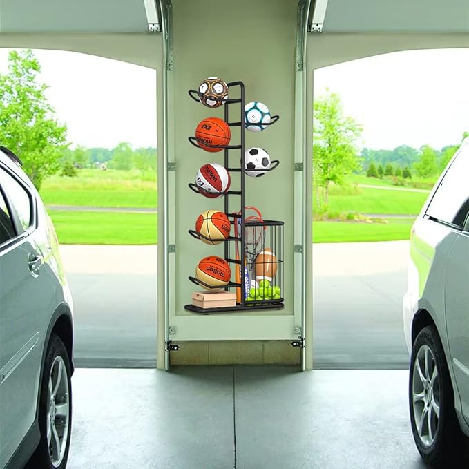 7-Ball Sports Equipment Storage Rack with Ball Holder and Basketball Rack, Athletic Gear Organizer ball Stand - Organize Toys, Sports Gear and More, 57.5" (Black)