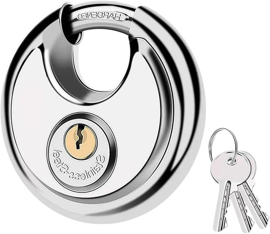 70MM Discus Padlock with Same 3 Brass Keys,304 Stainless Steel Disc Lock with Brass Gallows to Prevent Rusting,Thick Sturdy Hook to Prevent Picking.1 Pack-XZJYYF