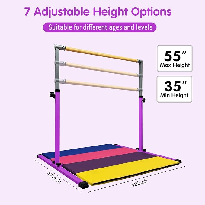 XDEMODA The Latest Model Gymnastics Bar for Kids Ages 3-15 for Home, Anti-Slip, Easy to Assemble, 35” to 55” Adjustable Height Gymnastic Horizontal Bars Equipment