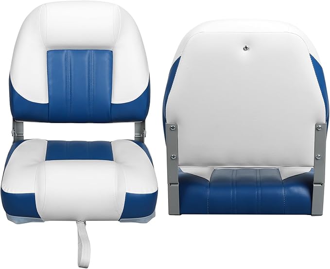 Elite Folding Boat Seat Low Back Boat Seating Fold-Down Fishing Boat Seat, 2 Pack, White/Blue