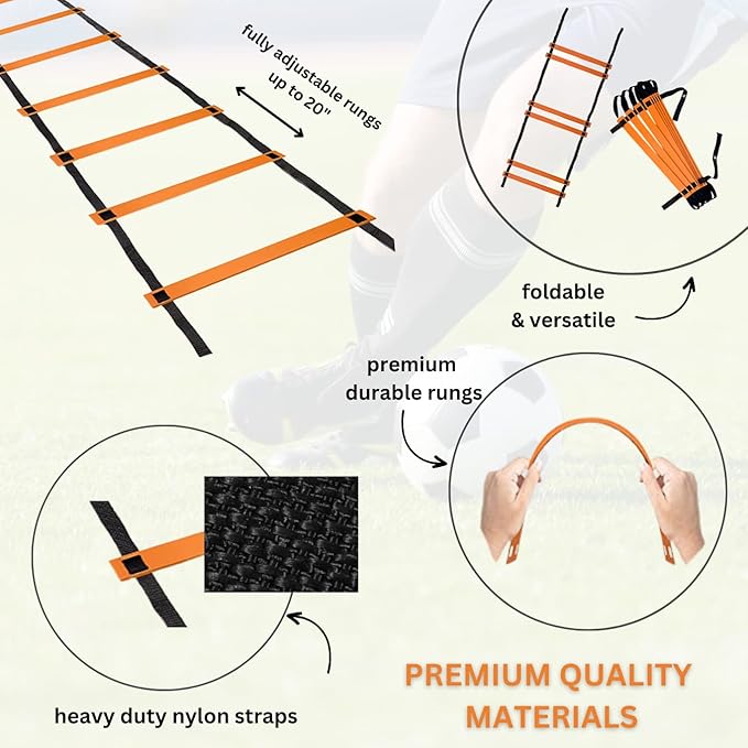 DELUXE EDITION Agility Ladder Training Set - 13 Rung 21ft Agility Ladder w/13 Disc Cones, Carry Bag - Improve Speed & Strength Soccer, Football, Basketball w/4 Steel Pegs for Outdoor Workout Charts