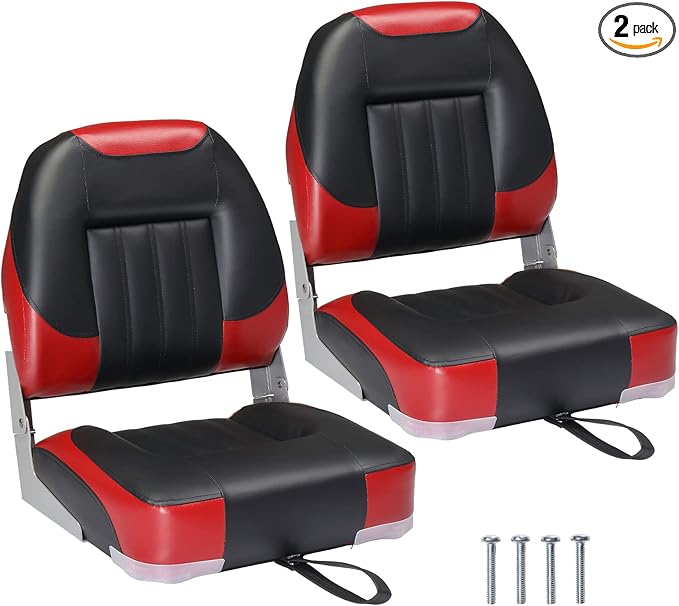PEXMOR Boat Seats Low/High Back, Folding Boat Seat Included, Fold-Down Fishing Boat Seats Waterproof Captain Boat Seat w/Aluminum Hinges & Thick Soft Cushion, 2 Packs (Low Back-Red & Black)