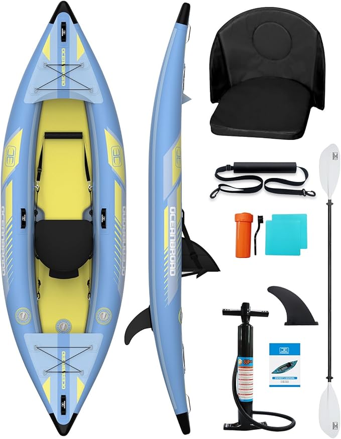 OCEANBROAD Inflatable Sit-in Kayak, 1 Person/2 Person Blow Up Kayak for Adults with Paddle, Kayak Seat, Pedal, Hand Pump and Bag, Blue/Sky Blue
