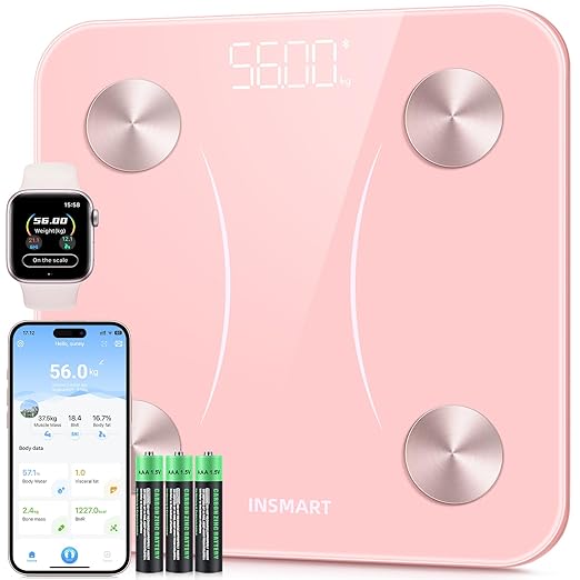 INSMART Smart Scale for Body Weight, Digital Bathroom Scale with BMI, Muscle Mass, Bluetooth Body Fat Scale,17 Body Composition Analyzer with Smart APP Sync Weight Scale, 400 lbs - Pink