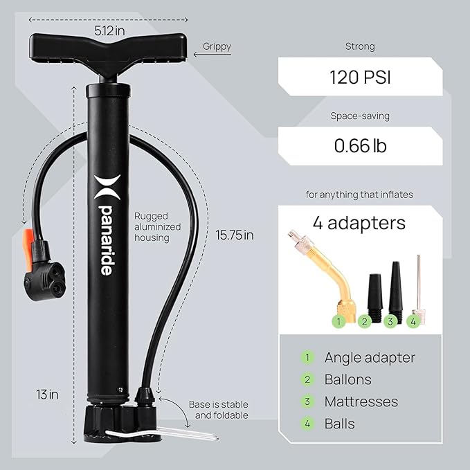 Bike Pump Floor, Advanced Bike Tire Inflator, Bicycle Hand Air Pump with Dual Presta and Schrader Valves, Handheld Pump, Suitable for Road and Mountain Bikes, Baby Stroller, Balls