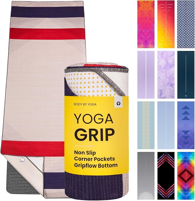 Yoga Drip Yoga Towel - Non Slip Hot Yoga Mat Towel With Corner Pockets, No-Skid Grip, and Built-in Alignment Lines | Soft, Moisture Wicking, and Sweat Absorbent | No Bunching, Stays in Place 72" x 25"