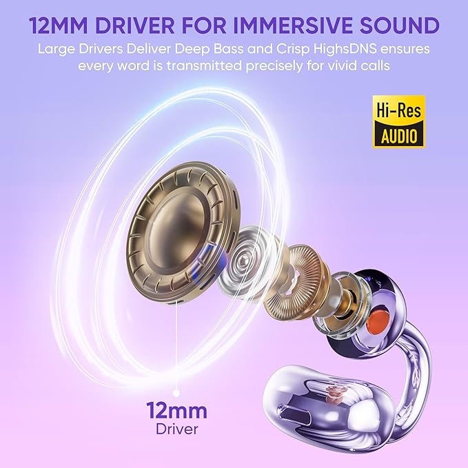 Clip on Earbuds Open Ear Earbuds Wireless Headphones with Mic,66H Play Bluetooth 5.4 Bone Conduction Headphones,Noise Cancelling,IPX5 Waterproof,Secure Fit for Small Ears, Sports&Workout,Purple