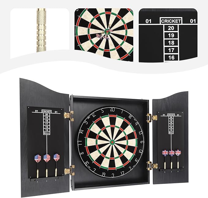 Classic Dart Board Cabinet Set, Wall Mounted Dartboard Cabinet Game Set with 6 Steel Tip Darts and Scoreboards for Adults Home Bar Office