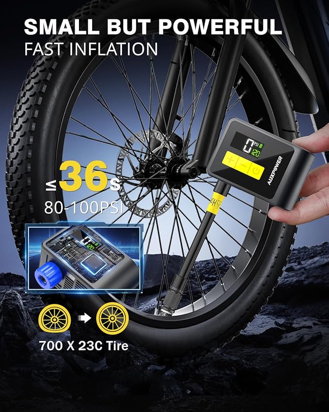 Auxpower BL03 Bicycle Pump with Pressure Gauge, 120PSI Electric Bike Pump with Presta and Schrader Valve, Auto Stop, Outdoor Camping Cycling Pump for Road, Mountain, E-Bike and Sports Balls