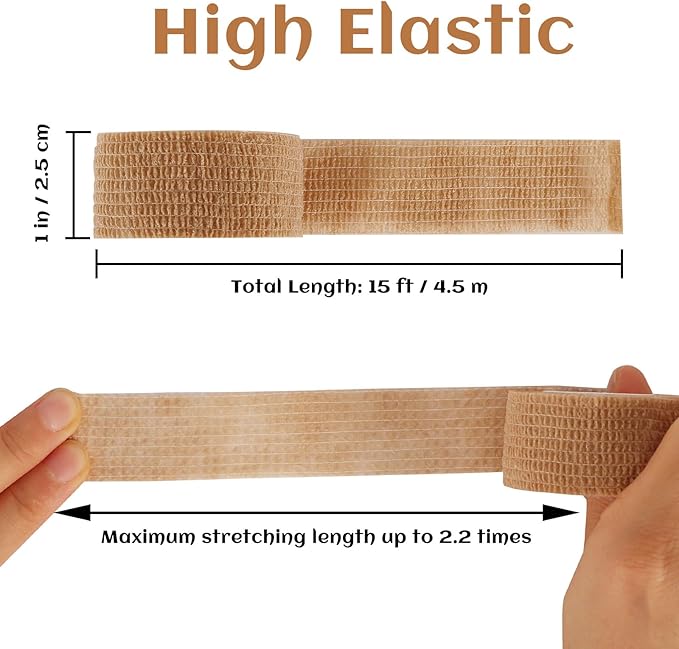 24 Rolls Elastic Self Adhesive Bandage Wrap 1 Inch, Breathable Non Woven Cohesive Bandage, Vet Wrap for Dogs, Ankle Sprains Swelling Medical First Aid Tape, Sports Athletic Tape Brown