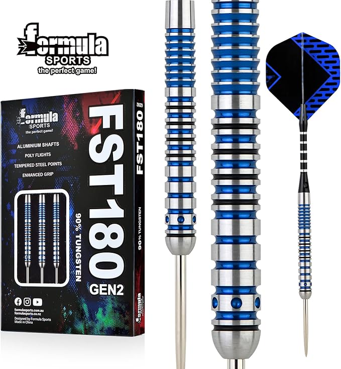 Formula Sports 90% Tungsten Steel Tip Darts Set - Professional Darts Metal Tip Set Available in 21g/22g/23g/24g, with Aluminum Shafts, Tungsten Barrels, Extra Flights, Sharpener, Carrying Case