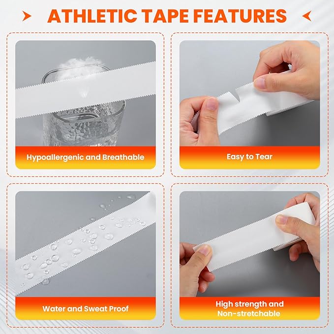 64 Pack Athletic Tape, White Sports Tape for Wrist Ankle Protection, Sports Tape Athletic No Sticky Residue, Easy to Tear Gymnastics Tape for Soccer, Football, Training Supplies (1.5" x 640 Yards)