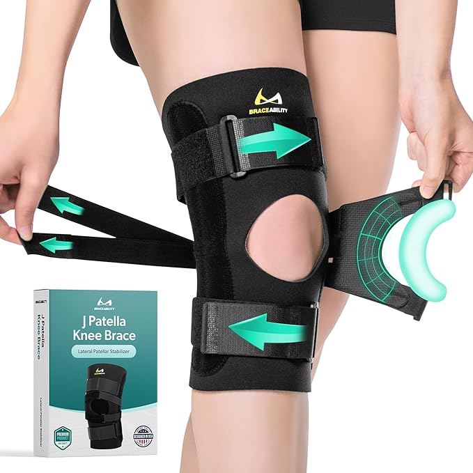 BraceAbility J Patella Knee Brace - Lateral Patellar Stabilizer with Medial and J-Lat Support Straps for Dislocation, Subluxation, Patellofemoral Pain, Left or Right Kneecap Tracking (3XL)
