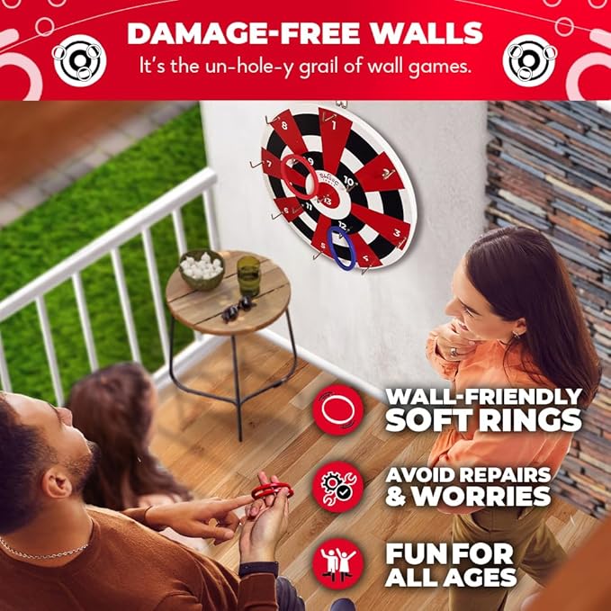 Swooc Games® ‒ Hook Darts Ring Toss Game ‒ Wood Board & Soft Rings ‒ 20+ Games Included for Kids & Adults ‒ Wall Mounted Ring and Hook ‒ Indoor & Outdoor Wall Decor for Game Room, Patio, Garage, Yard