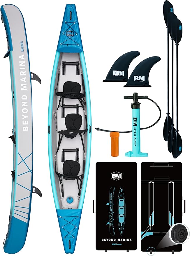 BEYOND MARINA Inflatable Kayak 1 & 2 & 3 Person Adult- Full Drop Stitch Kayak with Aluminum Paddles, Seats, Footrests, Pump, Fins