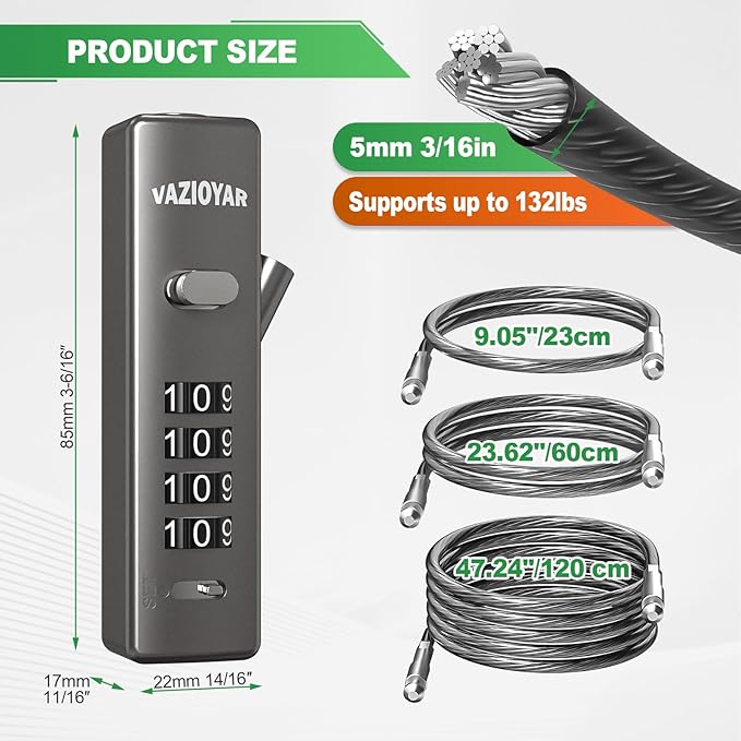Cable Locks with Combination,Bicycle Lock, Suitcases Lock,Comes with 3 Different Lengths of Cables, Reconfigurable 4-Digit Password Lock,Zinc Alloy Reinforced Lock Body (Gun-Grey)