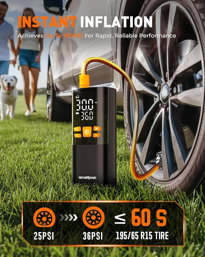 NEVERLAND Tire Inflator Portable Air Compressor - 4X Faster 150 PSI Air Pump for Car Tires, Electric Bike Pump with Pressure Gauge, Auto-Shutoff Cordless Tires Pump for Car Bicycle Motorcycle Ball