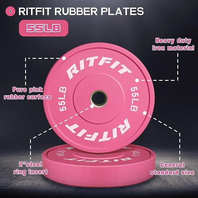 RITFIT Pink Weight Plates, 2 Inch Olympic Barbell Weight Plate, Bumper Plates With Steel Insert, Pink Weights for Gym and Home