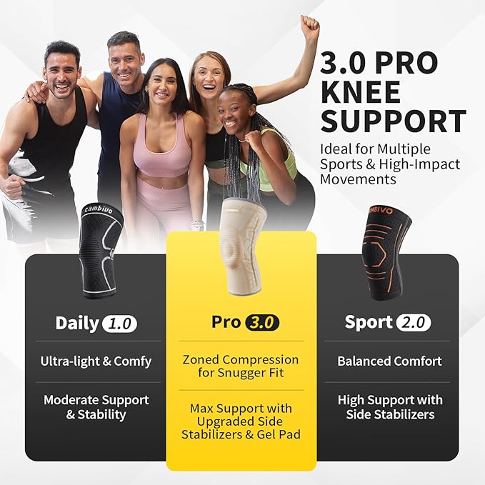CAMBIVO 2 Pack Knee Brace for Men and Women, Knee Sleeves for Men with Patella Gel Pad and Side Stabilizers, Knee Compression Sleeves for Knee Pain Relief, Running, Workout, Daily Use