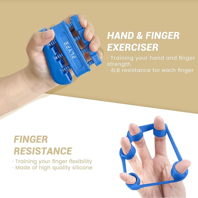FLYFE Grip Strength Trainer Kit (5 Pack), Forearm Strengthener, Hand Squeezer Adjustable Resistance, Finger Stretcher, Grip Ring, Relief Ball and Finger Exerciser for Men and Women, Injury Recovery