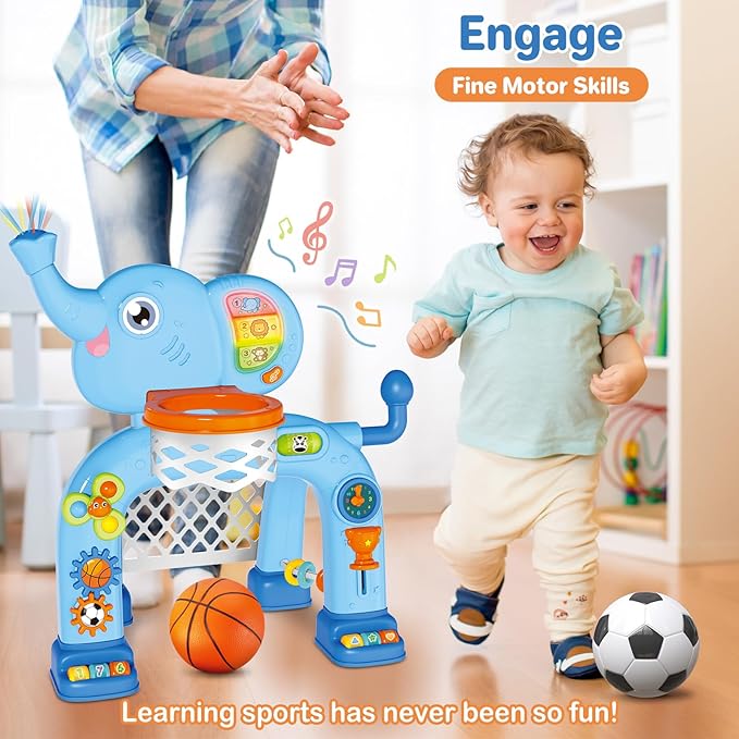 Shemira Toddler Basketball Hoop & Soccer Goal Activity Center Toys with Light & Music,Elephant Toddlers Musical Toys Gift, Baby & Toddlers Christmas Birthday Gift for 1 2 3 Year Old Boys & Girls