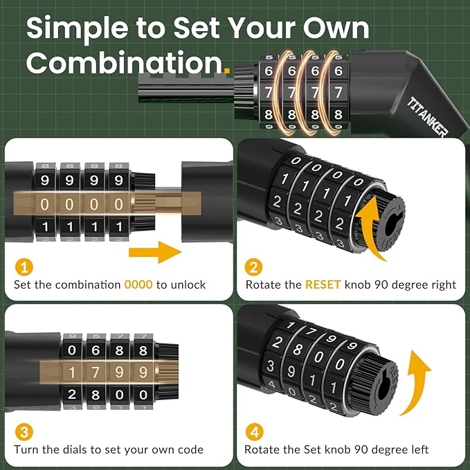 Titanker Bike Lock Cable, 4 Feet Bike Cable Lock Basic Self Coiling Kids Bike Lock Combination with Complimentary Mounting Bracket, 5/16 Inch Diameter (4FT, Black-8mm)